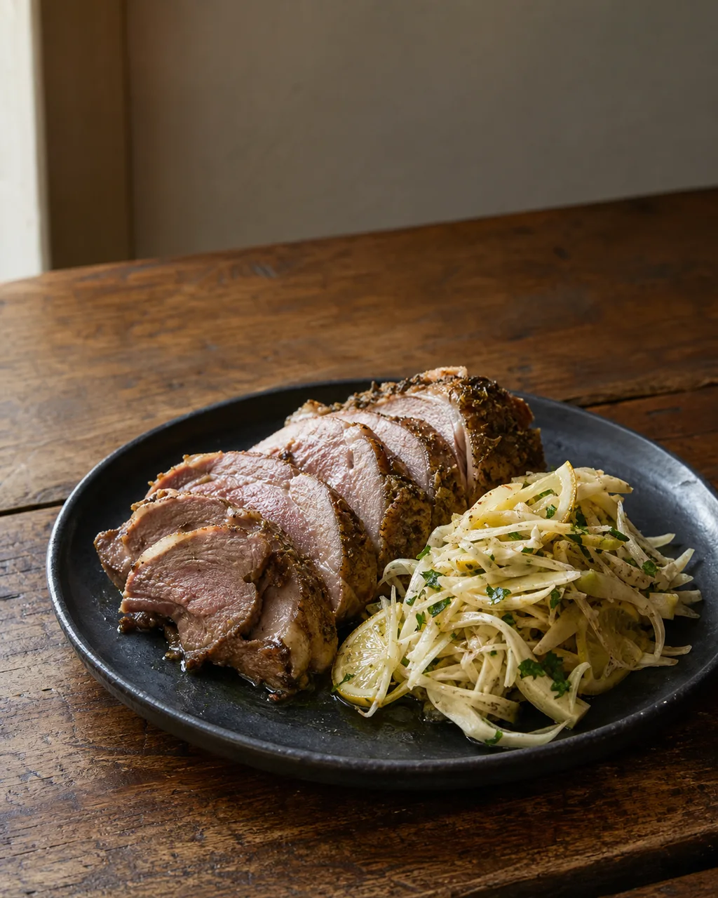 Cosciotto di agnello arrosto con insalata di carciofi